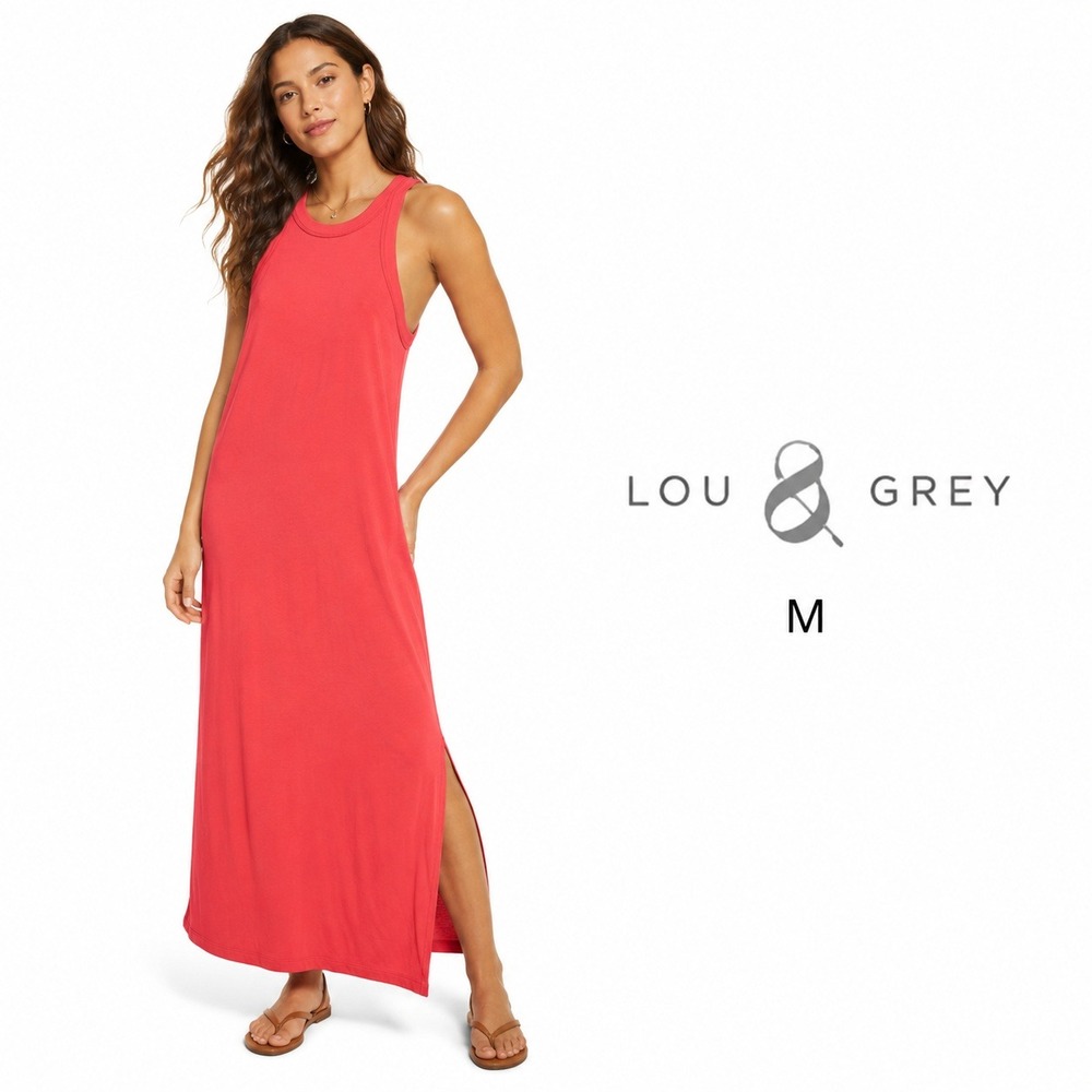 Lou & Grey Soft Knit Maxi Dress Womens‎ M Coral Side Slit Racerback Tank Summer